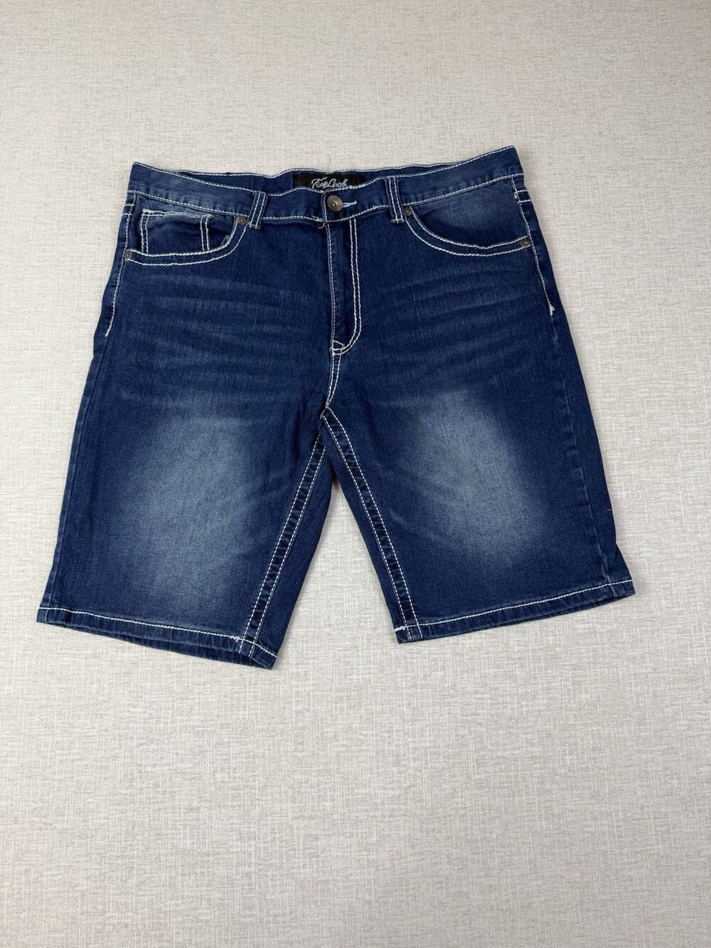 True Luck Mens Dark Wash Denim Shorts Contrast Stitch Size 36 Y2K Western Cowboy